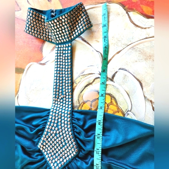 BEBE Teal Studded Silver Neck Choker Strapless Swingy Fun Slinky Mini Dress S - Picture 5 of 12